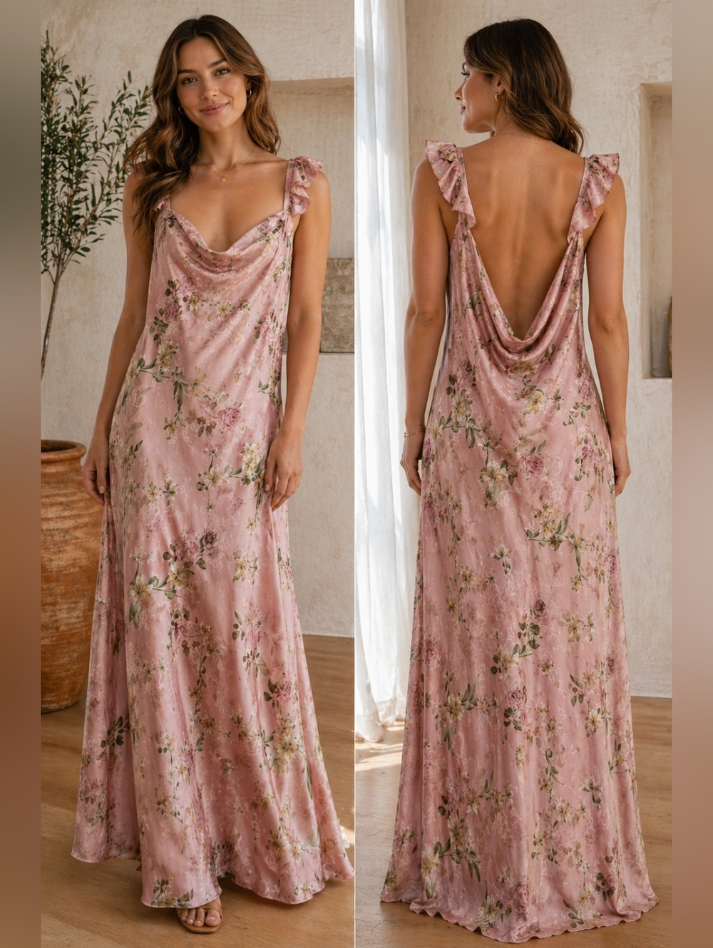 Floral Dress S Pink Maxi Dress Cowl Neck Backless Gown - Picture 3 of 6
